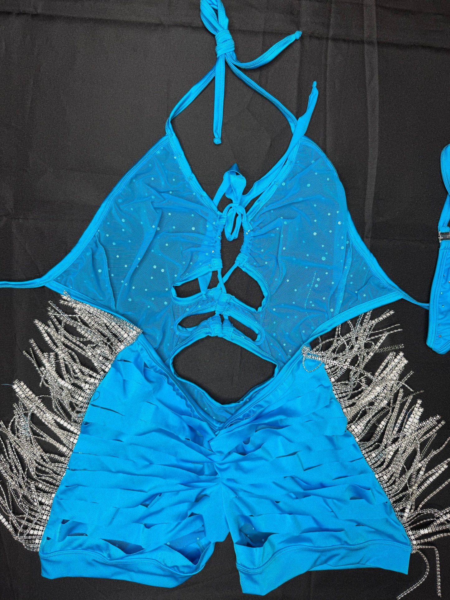 Light Blue Mesh/Blue Spandex/Metallic Fringe Ripped Back One-Piece Lingerie Outfit