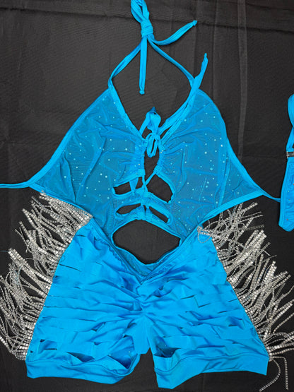 Light Blue Mesh/Blue Spandex/Metallic Fringe Ripped Back One-Piece Lingerie Outfit