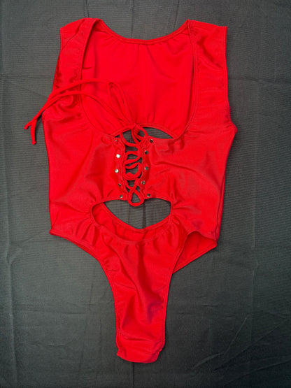 Red Spandex Sleeveless Leotard/Bikini Top One-Piece Lingerie Outfit