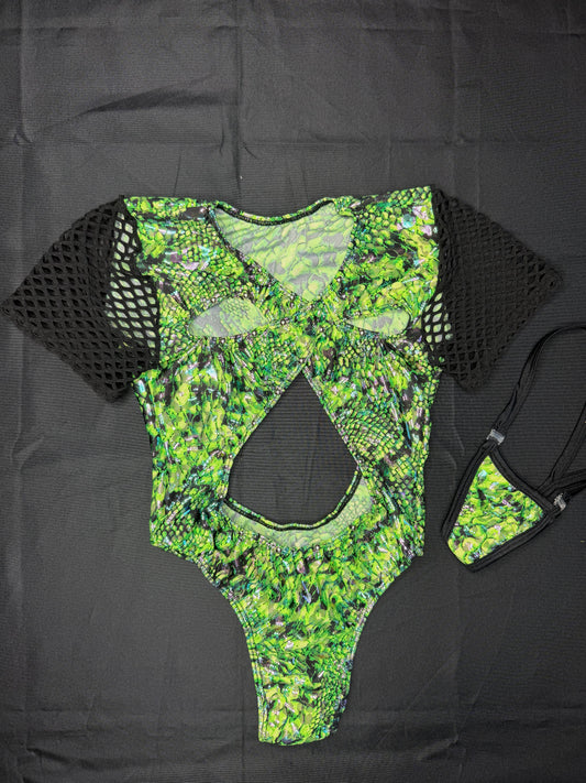 Metallic Green/Black Spandex Short Sleeve Leotard One-Piece Lingerie Outfit