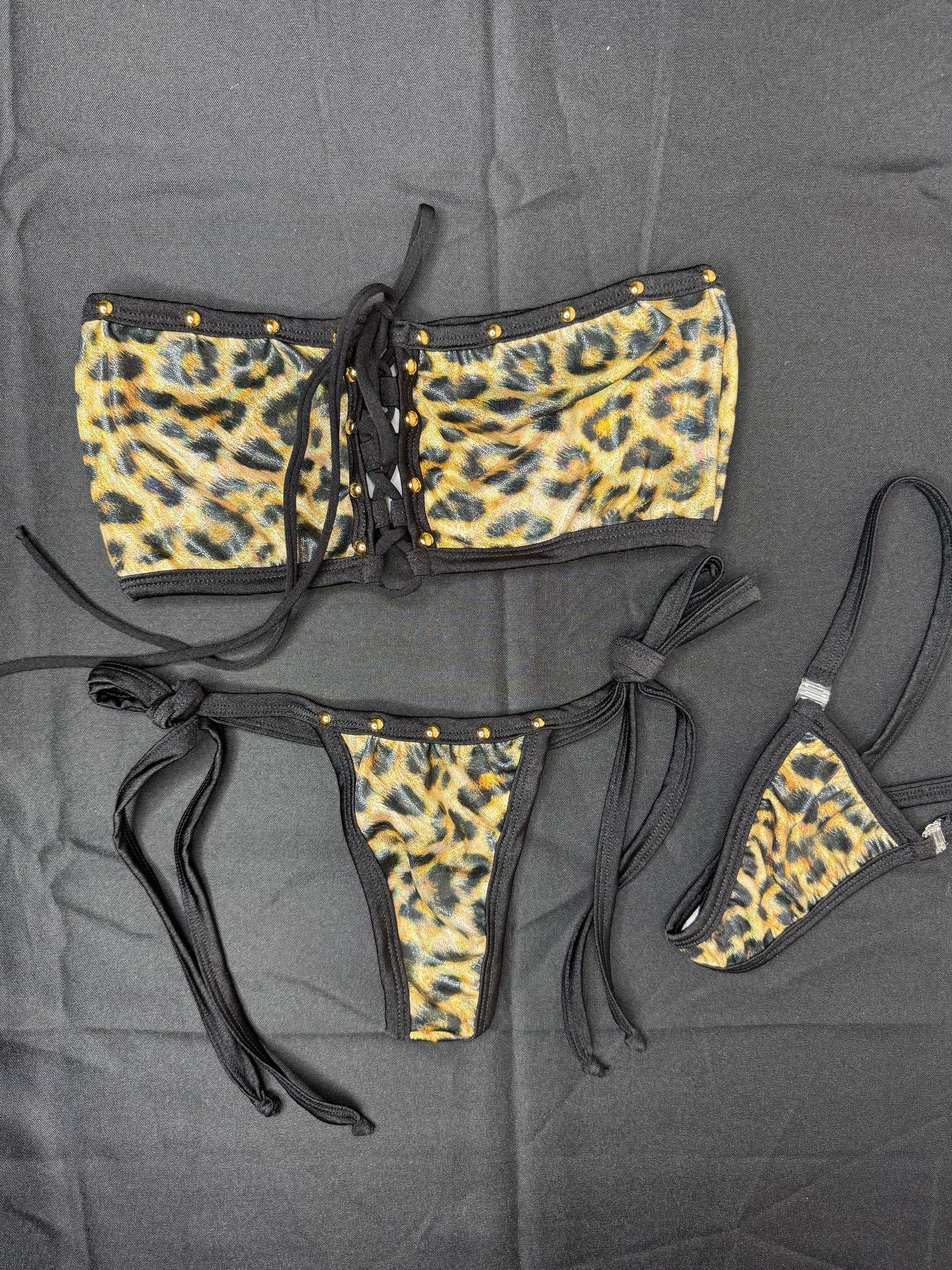 Holographic Cheetah Animal Print Tube Top/Side-Tie Bikini Bottoms Two-Piece Lingerie Outfit