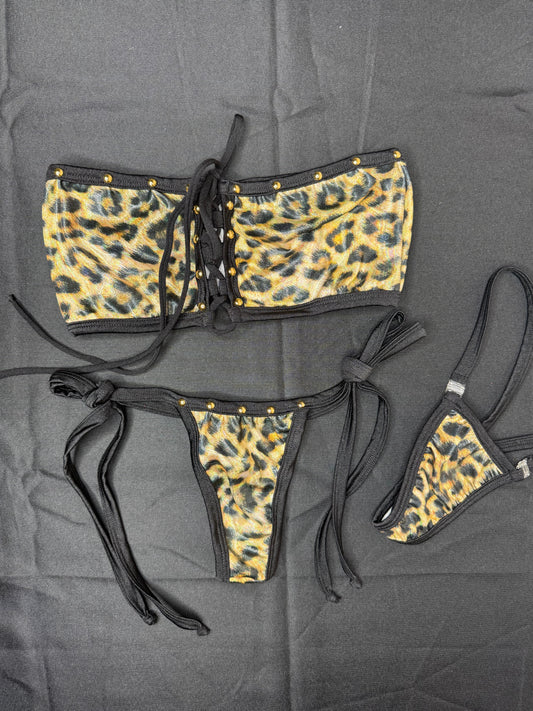 Holographic Cheetah Animal Print Tube Top/Side-Tie Bikini Bottoms Two-Piece Lingerie Outfit
