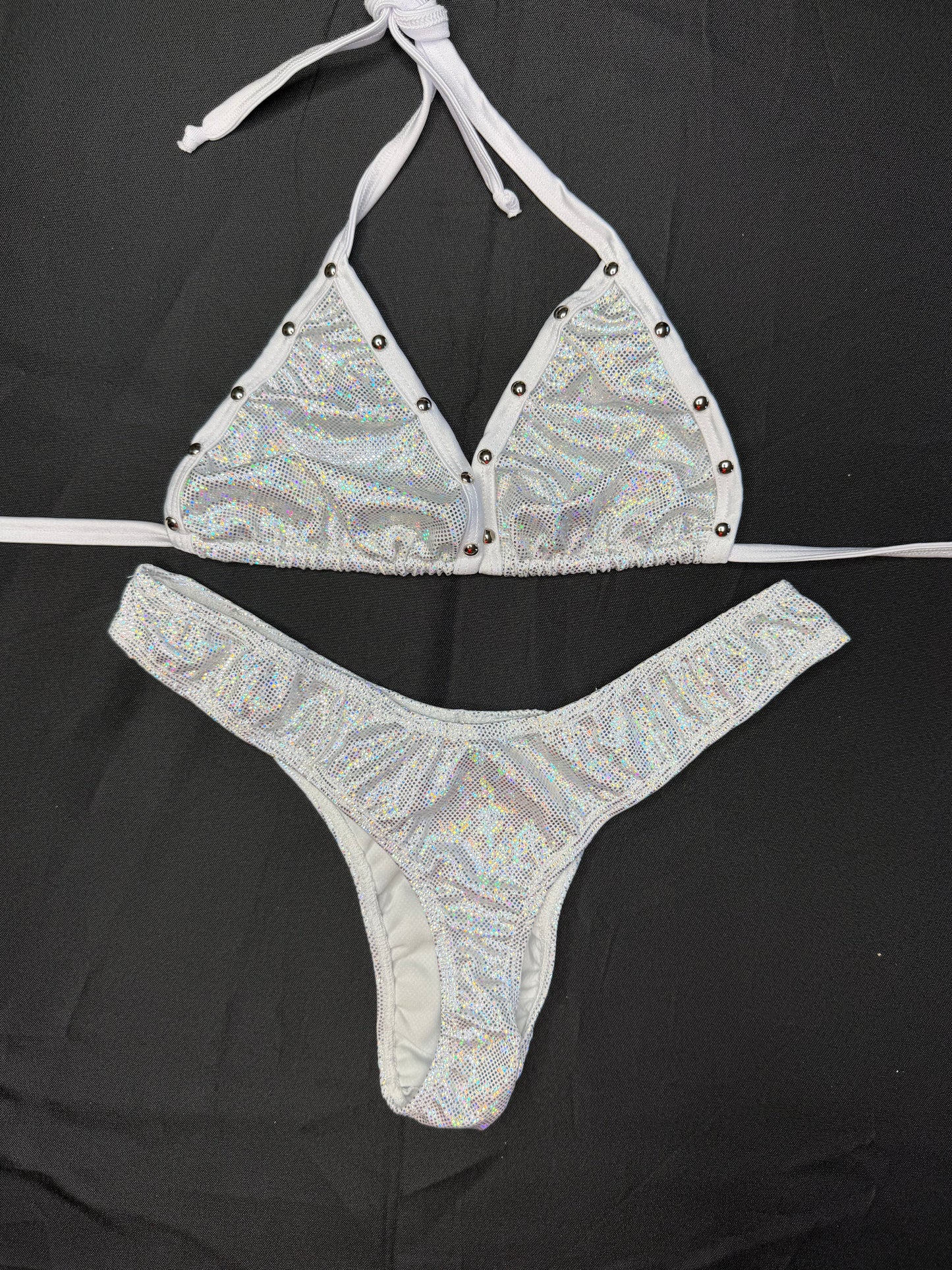 Silver/White Spandex Three-Piece Bikini/Shorts/Cheeky Thong Lingerie Outfit