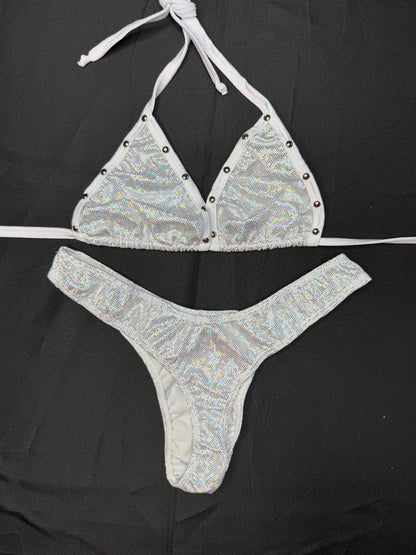 Silver/White Spandex Three-Piece Bikini/Shorts/Cheeky Thong Lingerie Outfit