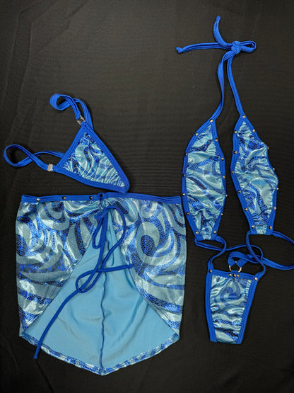 Royal Blue/Baby Blue Three-Piece Slingshot/Skirt Lingerie Outfit