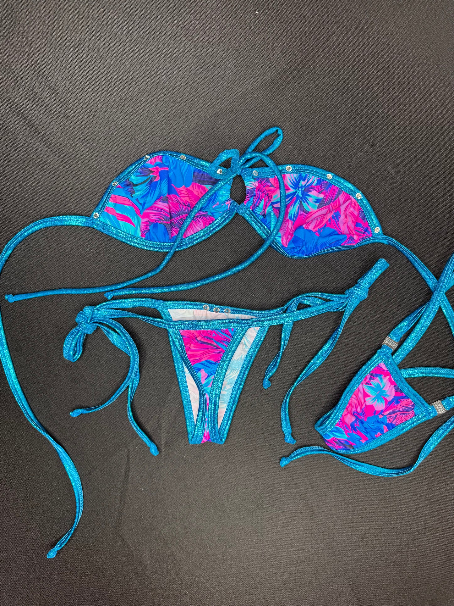 Floral Print/Metallic Aqua Spandex Two-Piece Bikini Lingerie Outfit
