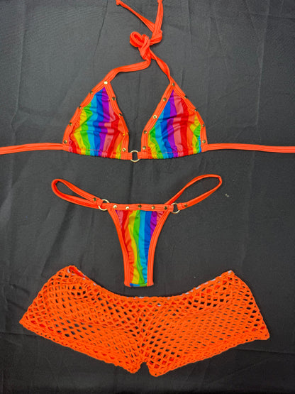 Orange/Rainbow Spandex Three-Piece Bikini/Shorts Lingerie Outfit