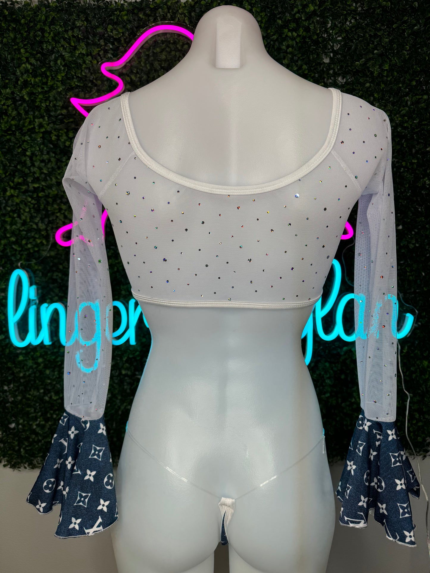 Denim Print/White Mesh Stripper Outfit