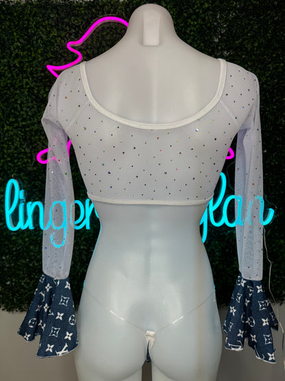 Denim Print/White Mesh Stripper Outfit