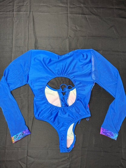 Rainbow Spandex/Royal Blue Mesh Leotard Lingerie Outfit