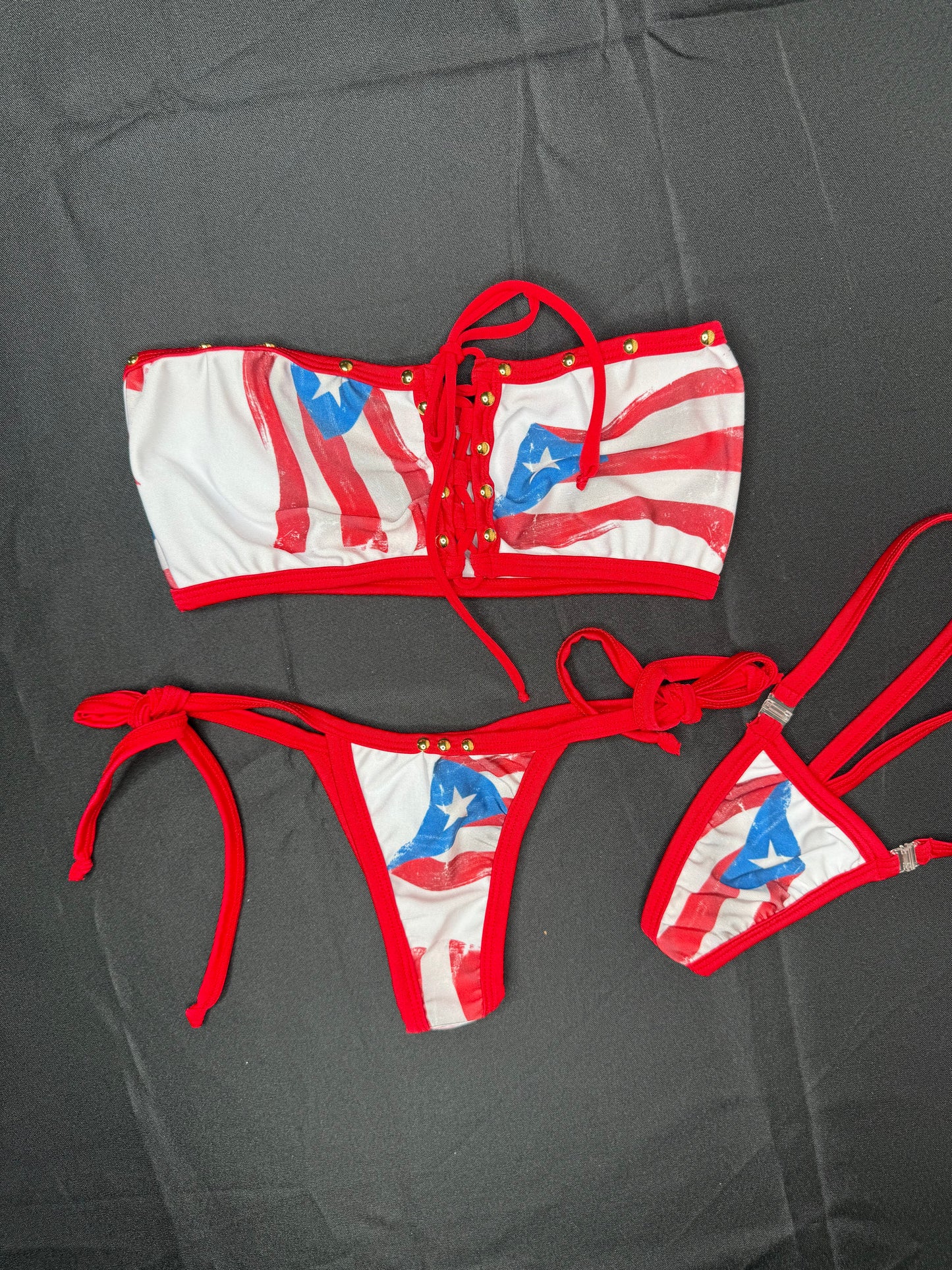 Puerto Rico Print Spandex Tube-Top/Side-Tie Bikini Bottoms Two-Piece Lingerie Outfit