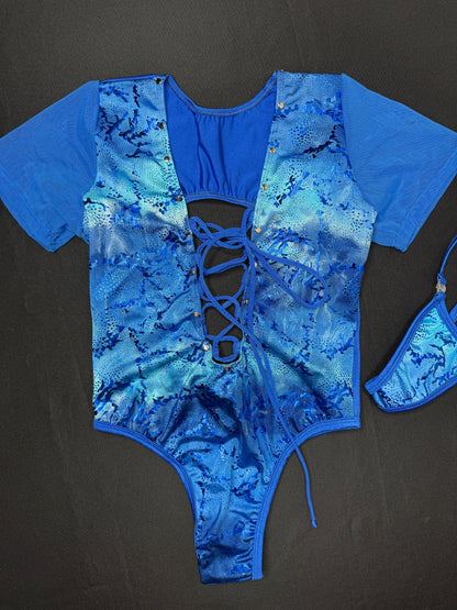 Royal Blue Print Spandex One-Piece Lingerie Outfit