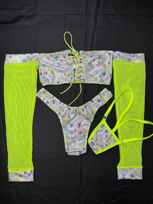 Silver Designer Spandex/Neon Yellow Mesh Long Sleeve Tube-Top/Cheeky Thong Two-Piece Lingerie Outfit