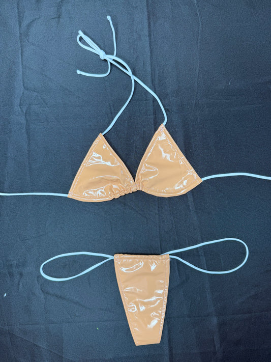 Tan/Nude Vinyl Micro Bikini Lingerie Outfit