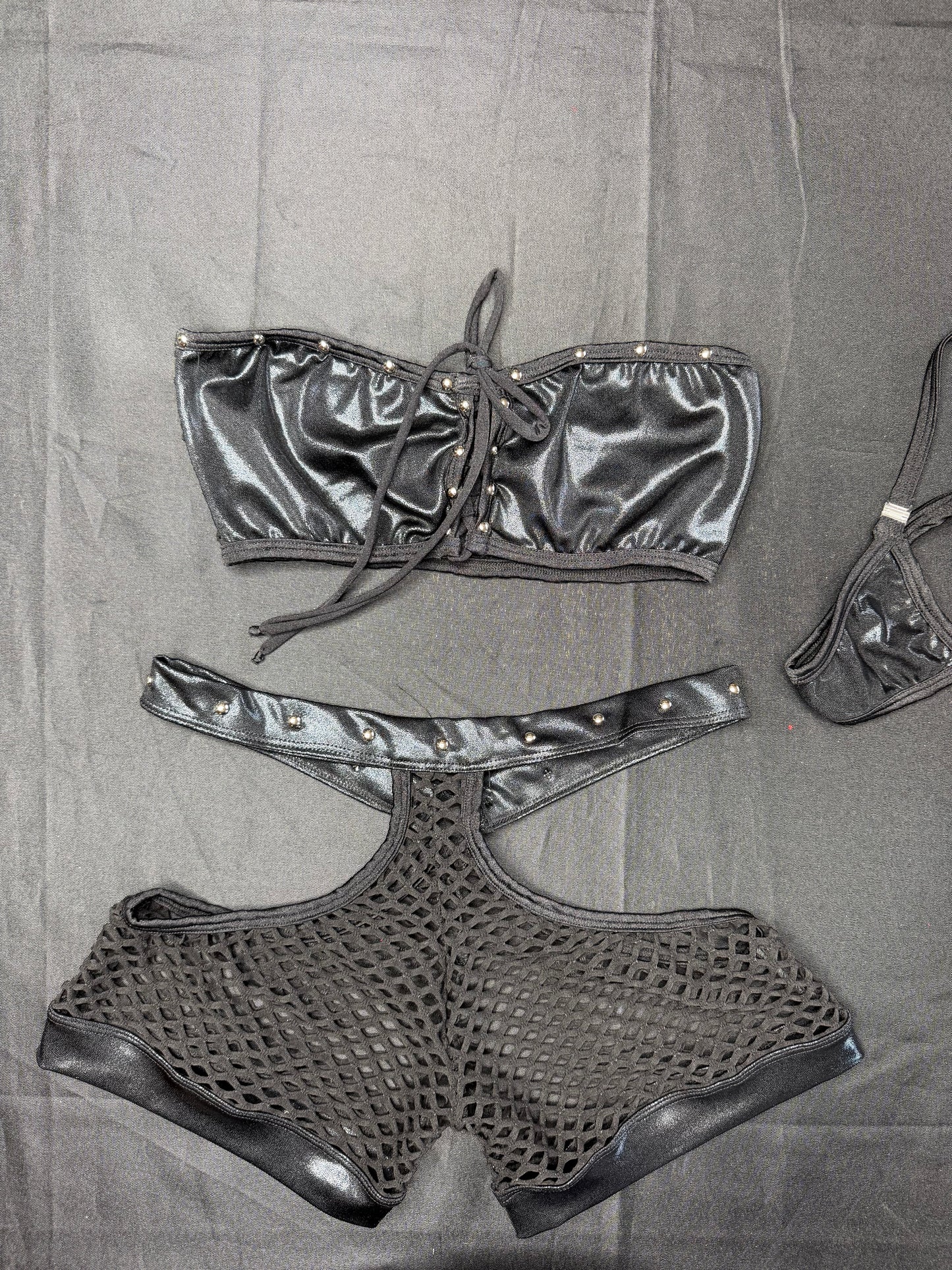 Metallic Black/Black Spandex Tube Top/Shorts Two-Piece Lingerie Outfit