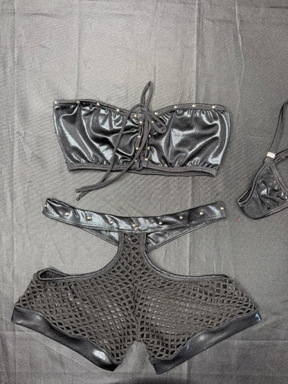 Metallic Black/Black Spandex Tube Top/Shorts Two-Piece Lingerie Outfit