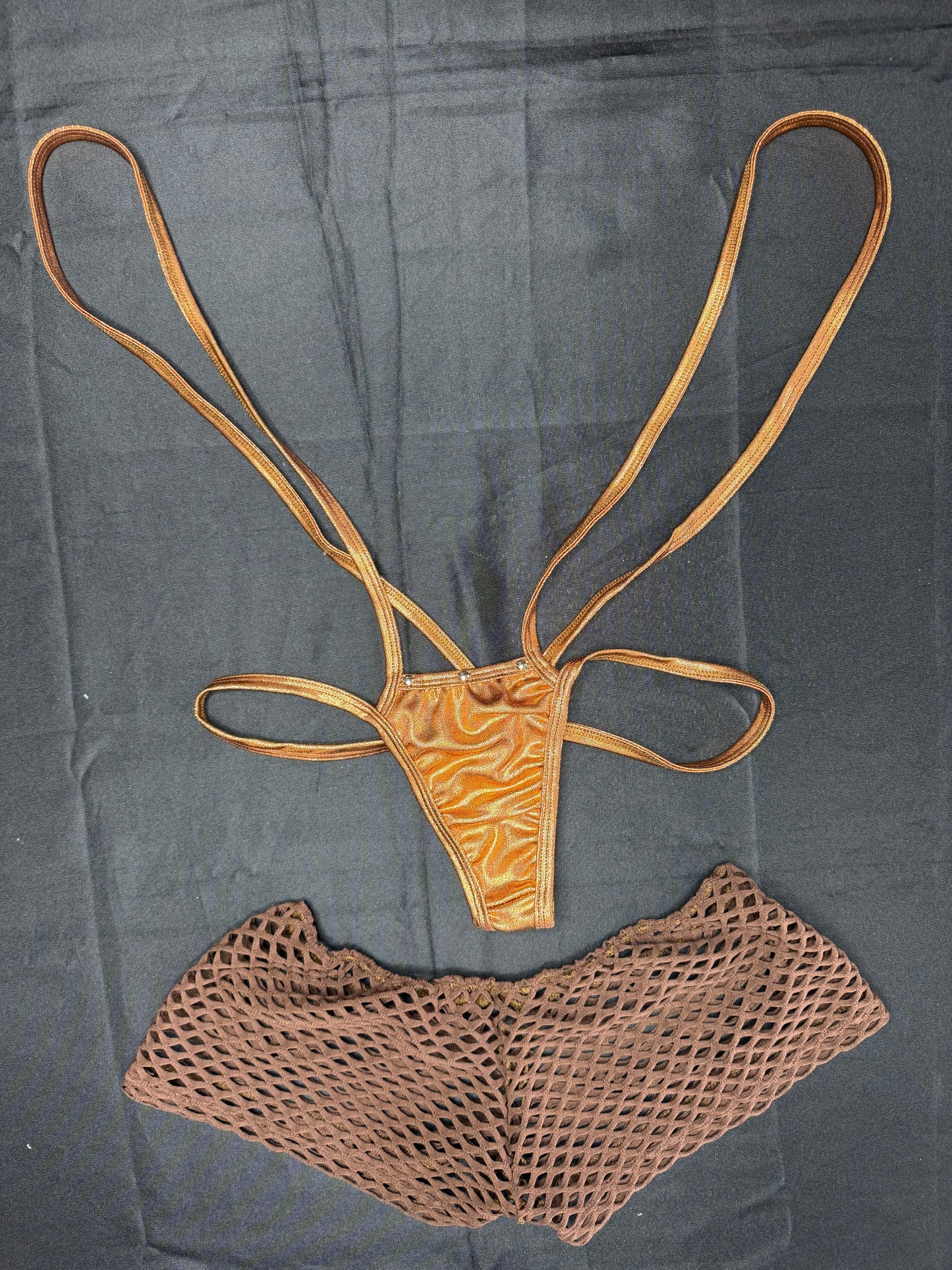 Metallic Bronze/Copper Spandex with Dark Brown Fishnet Shorts Lingerie Outfit