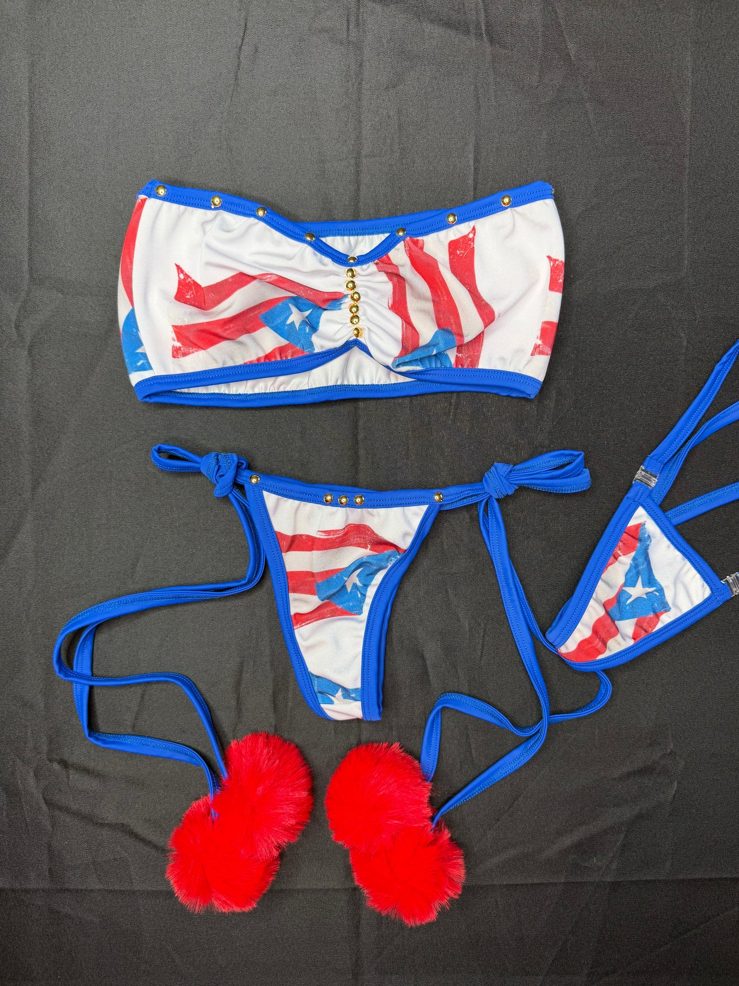 Puerto Rico 🇵🇷 Spandex Two-Piece Tube Top Bikini Bottom Pom Pom Bikini Lingerie Outfit