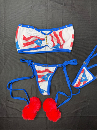 Puerto Rico 🇵🇷 Spandex Two-Piece Tube Top Bikini Bottom Pom Pom Bikini Lingerie Outfit