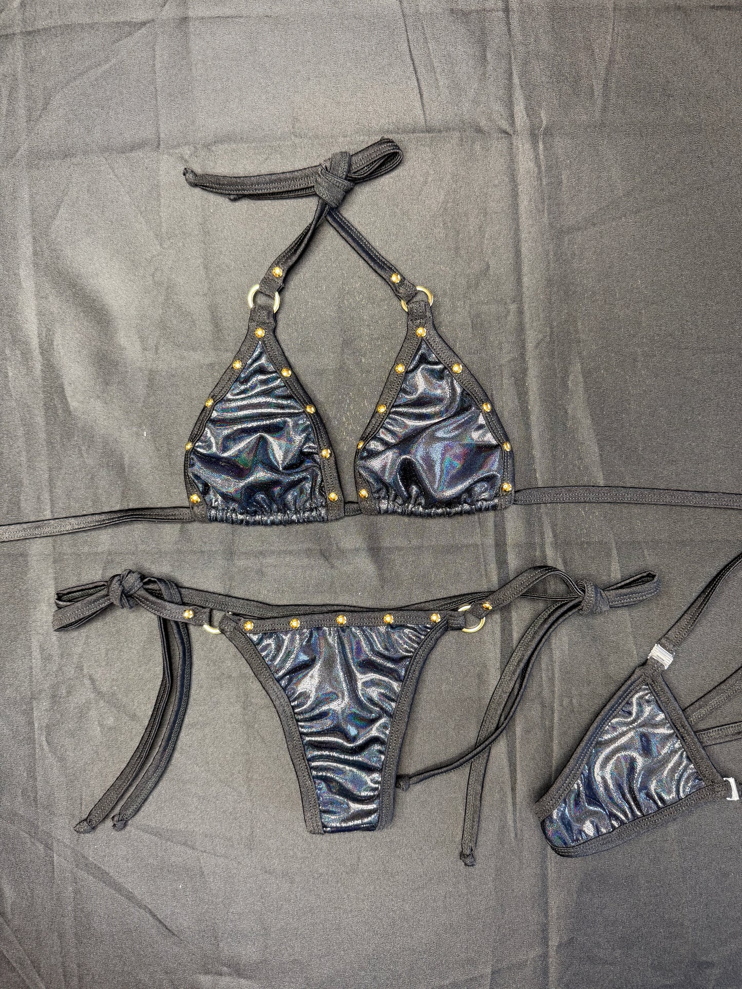 Metallic Black/Black Spandex Two-Piece Bikini Lingerie Outfit