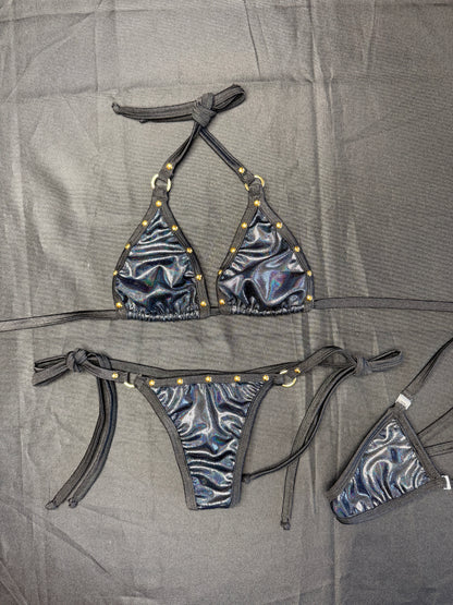 Metallic Black/Black Spandex Two-Piece Bikini Lingerie Outfit