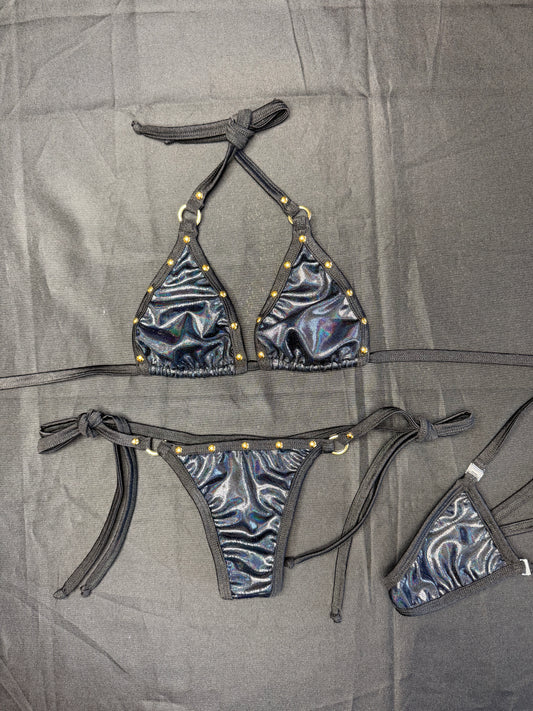 Metallic Black/Black Spandex Two-Piece Bikini Lingerie Outfit