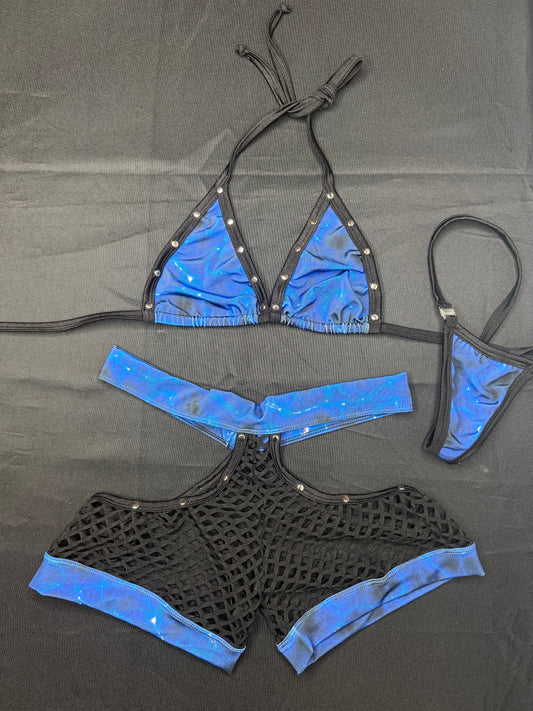 Blue Cosmic/Black Fishnet Spandex Bikini Top/Shorts Two-Piece Lingerie Outfit