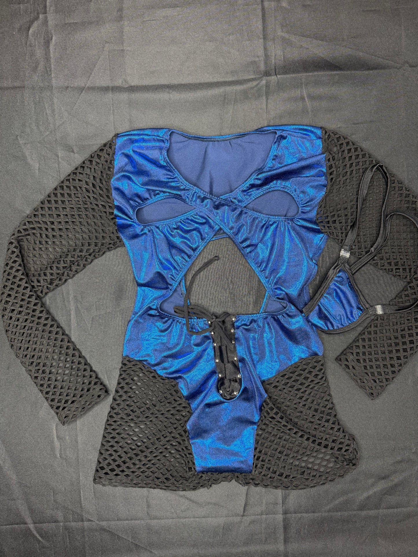 Metallic Blue/Black Spandex Romper Lingerie Outfit