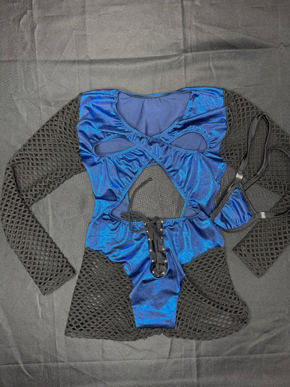 Metallic Blue/Black Spandex Romper Lingerie Outfit