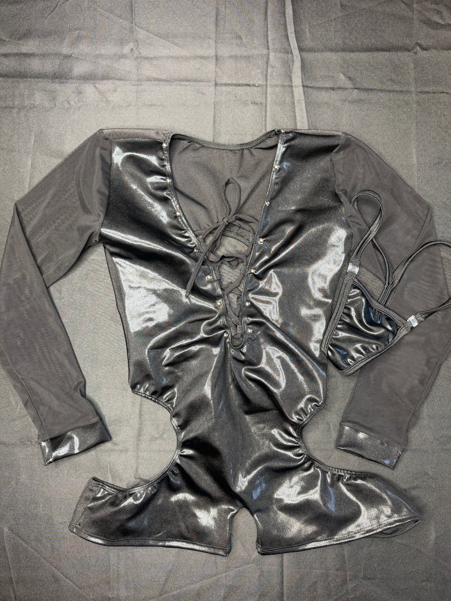 Metallic Black Spandex/Black Mesh Romper Lingerie Outfit