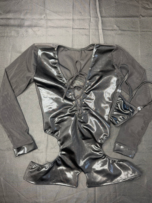 Metallic Black Spandex/Black Mesh Romper Lingerie Outfit