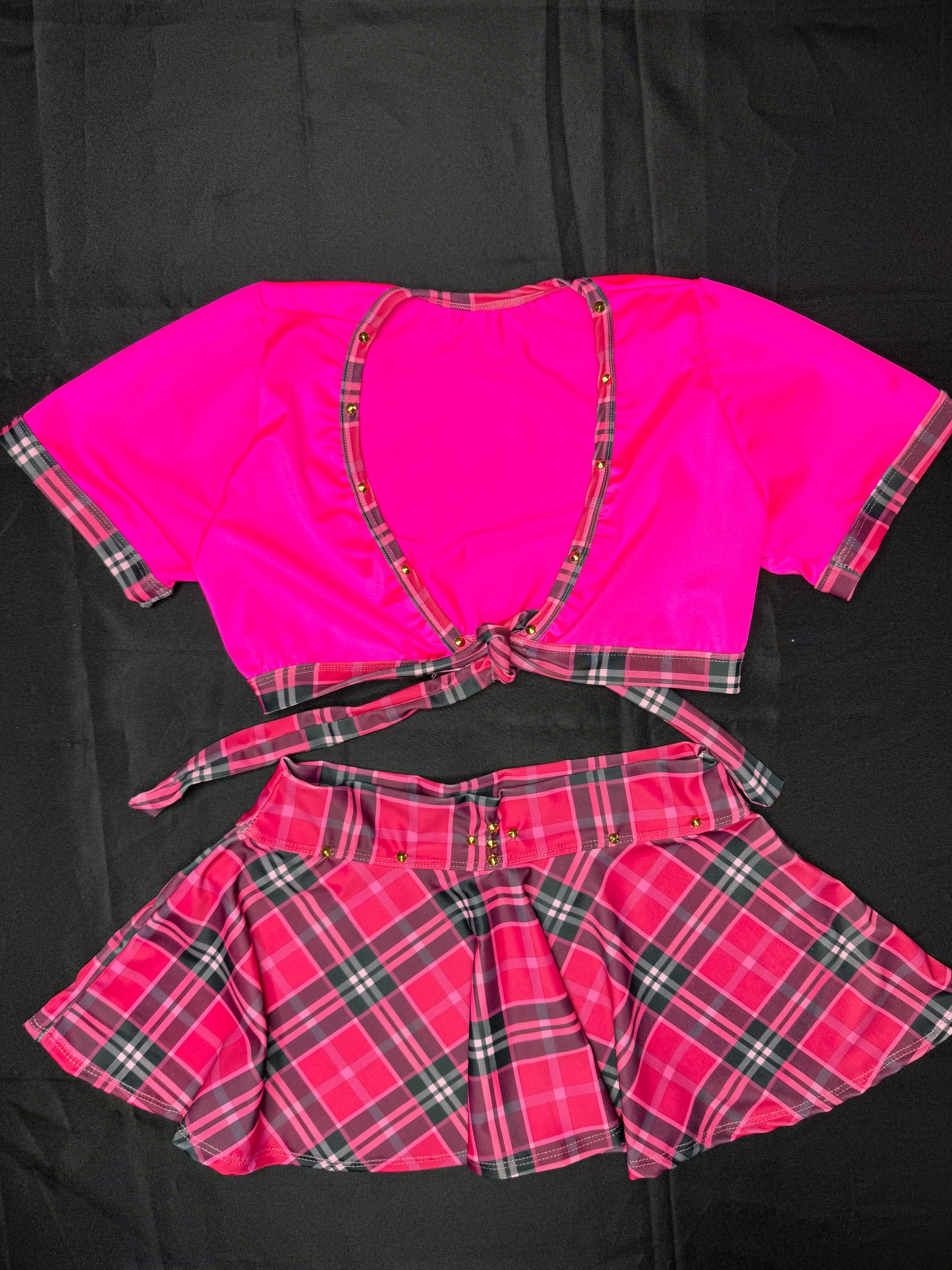 Hot Pink Plaid Spandex Short Sleeve Skirt with Tie Lingerie Outfit