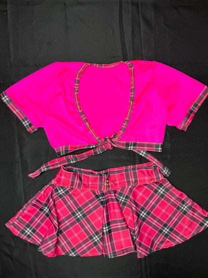 Hot Pink Plaid Spandex Short Sleeve Skirt with Tie Lingerie Outfit