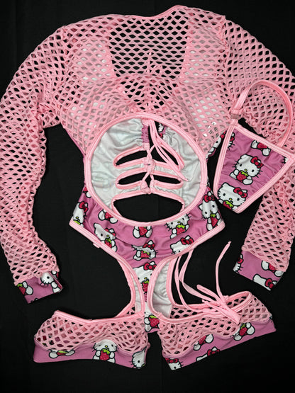 Pink Strawberry Kitty One-Piece Romper Lingerie Outfit