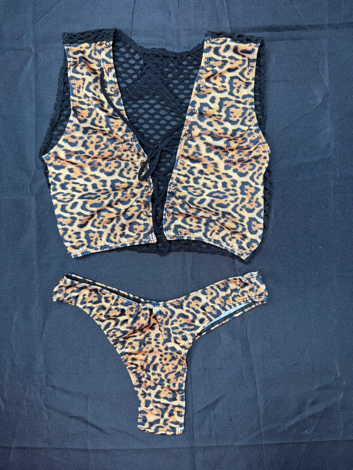 Cheetah Animal Print/Black Fishnet Spandex Chaps Leg Outfit/Cheeky Thong/Top Lingerie Outfit