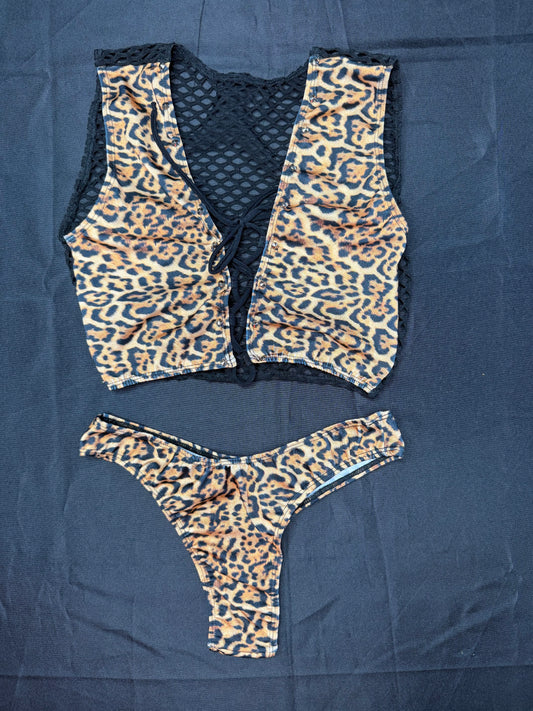 Cheetah Animal Print/Black Fishnet Spandex Chaps Leg Outfit/Cheeky Thong/Top Lingerie Outfit