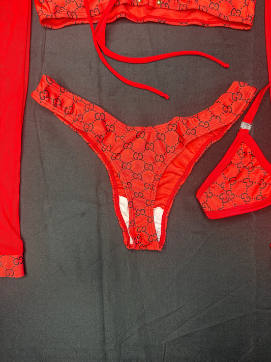 Designer Red Spandex/Red Mesh Tube-Top Long Sleeve Cheeky Thong Lingerie Outfit
