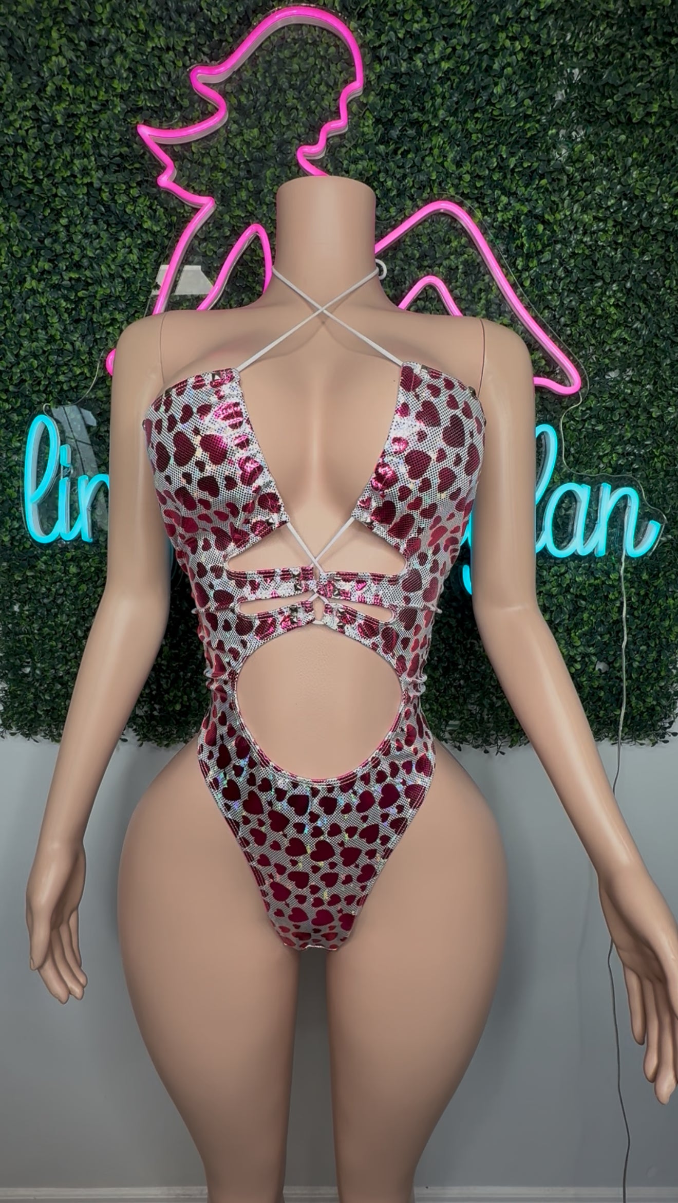 Pink/Silver Metallic Spandex One-Piece Lingerie Outfit