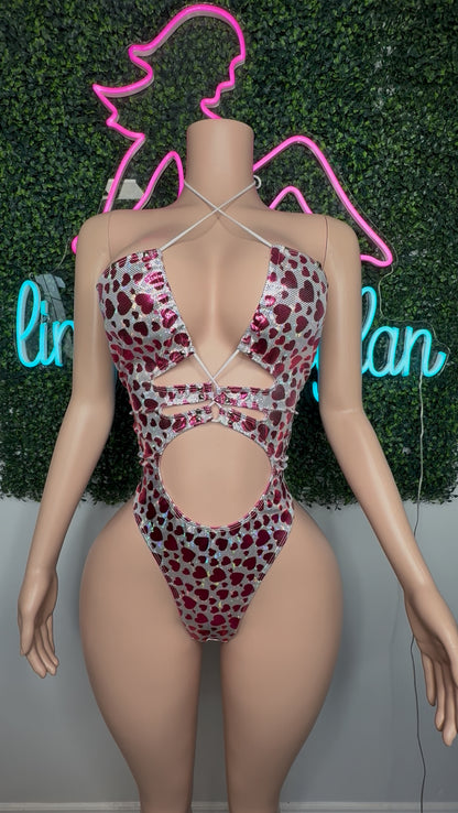 Pink/Silver Heart Metallic Spandex One-Piece Lingerie Outfit
