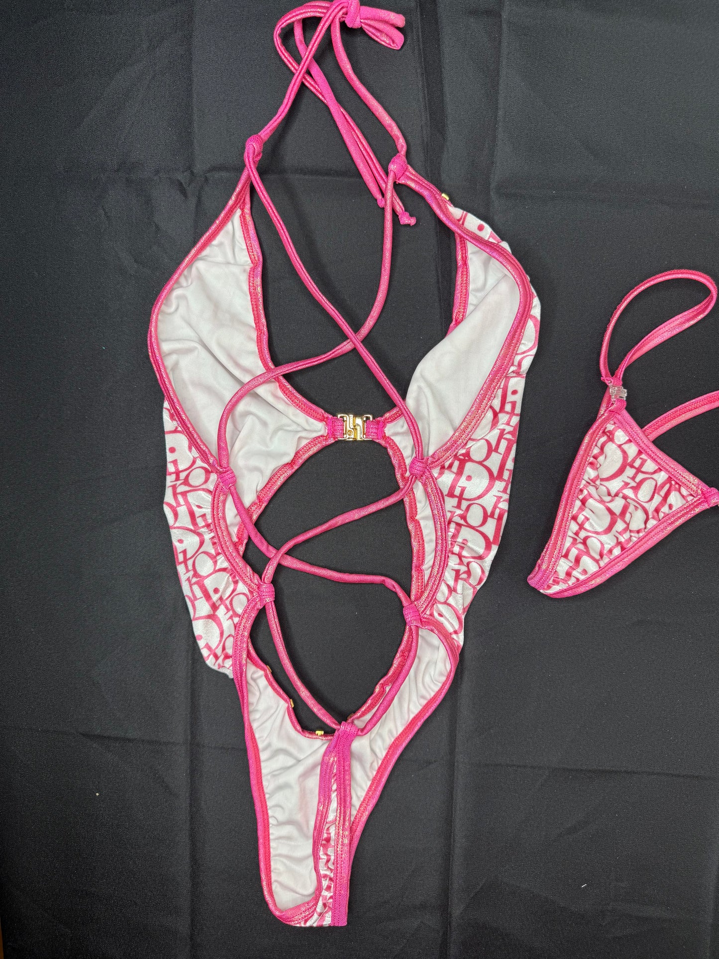 White/Baby Pink VELVET Designer One-Piece Lingerie Outfit
