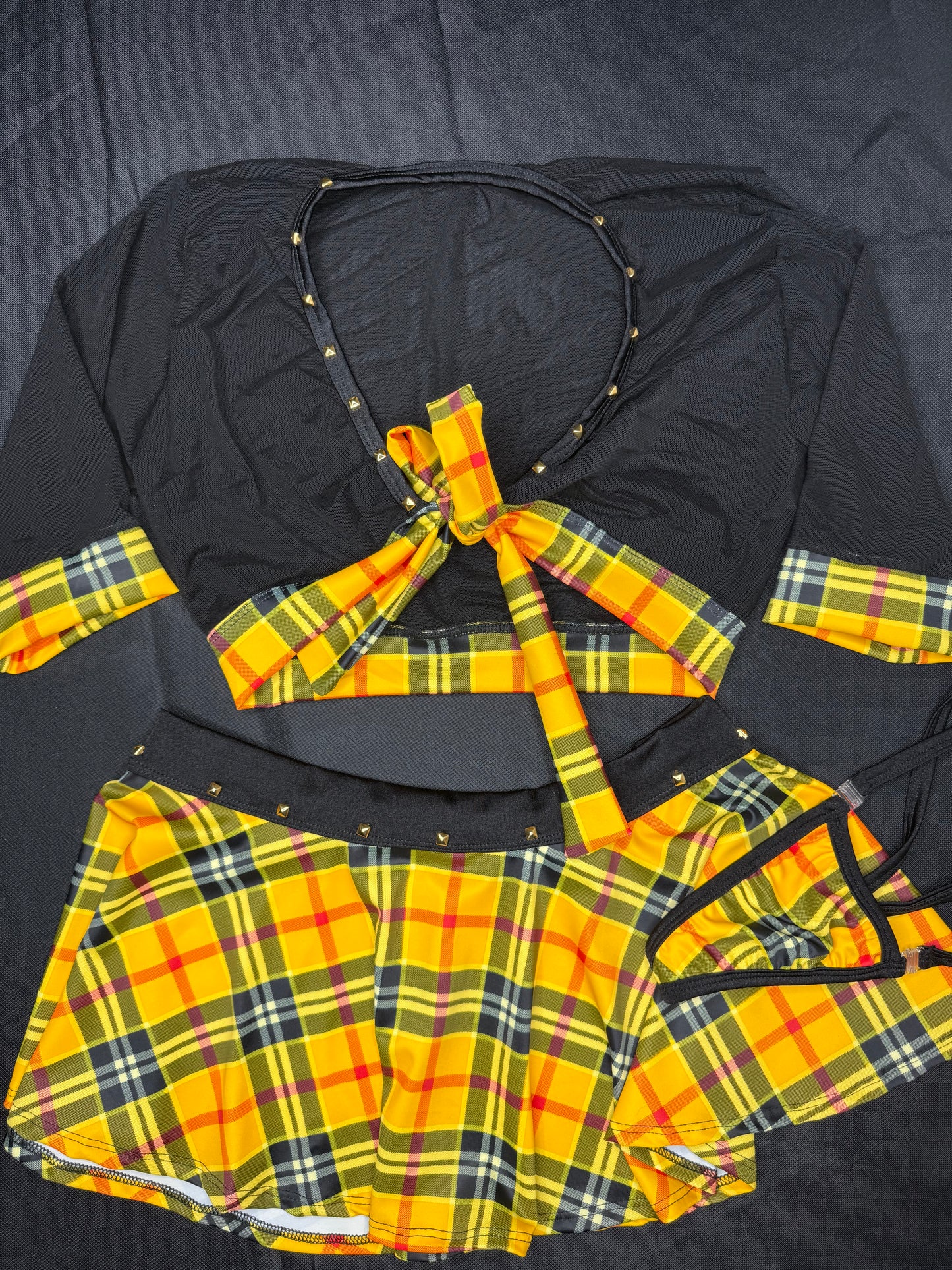 Yellow Plaid Spandex/Black Mesh Top School Girl Lingerie Outfit