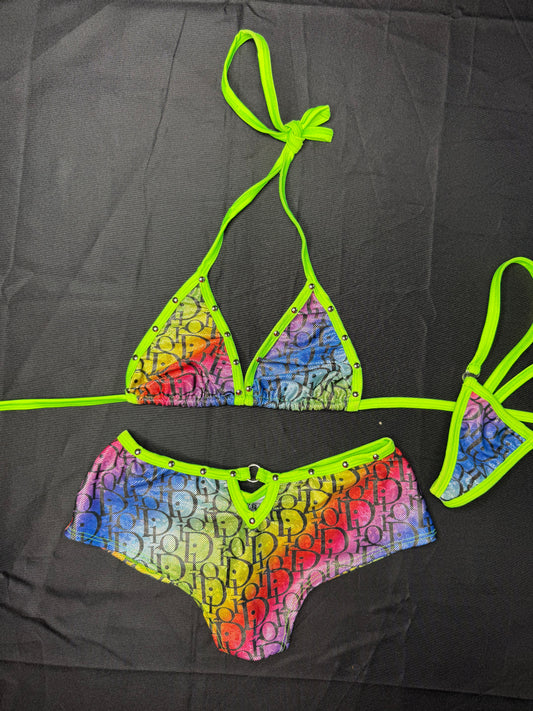 Designer Rainbow Spandex Two-Piece Shorts Lingerie Outfit