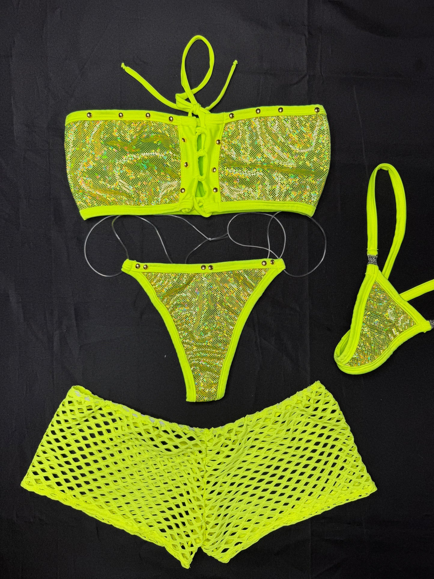 Metallic Neon Yellow/Neon Yellow Spandex Three-Piece Outfit