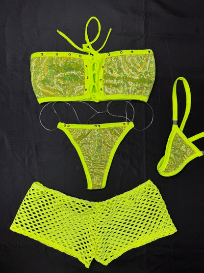 Metallic Neon Yellow/Neon Yellow Spandex Three-Piece Outfit