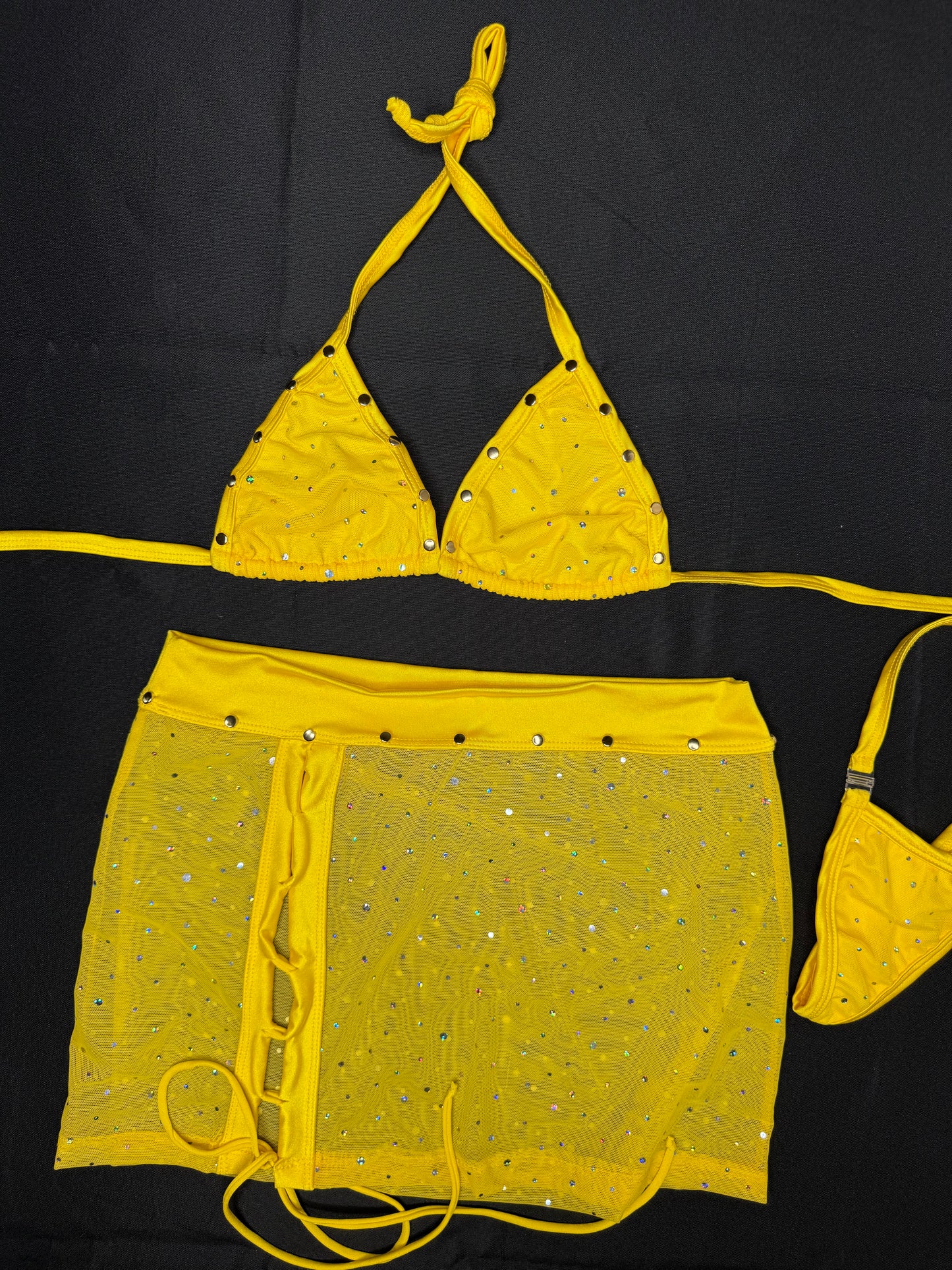 Yellow Sparkle Mesh Bikini Top/Skirt Two-Piece Lingerie Outfit