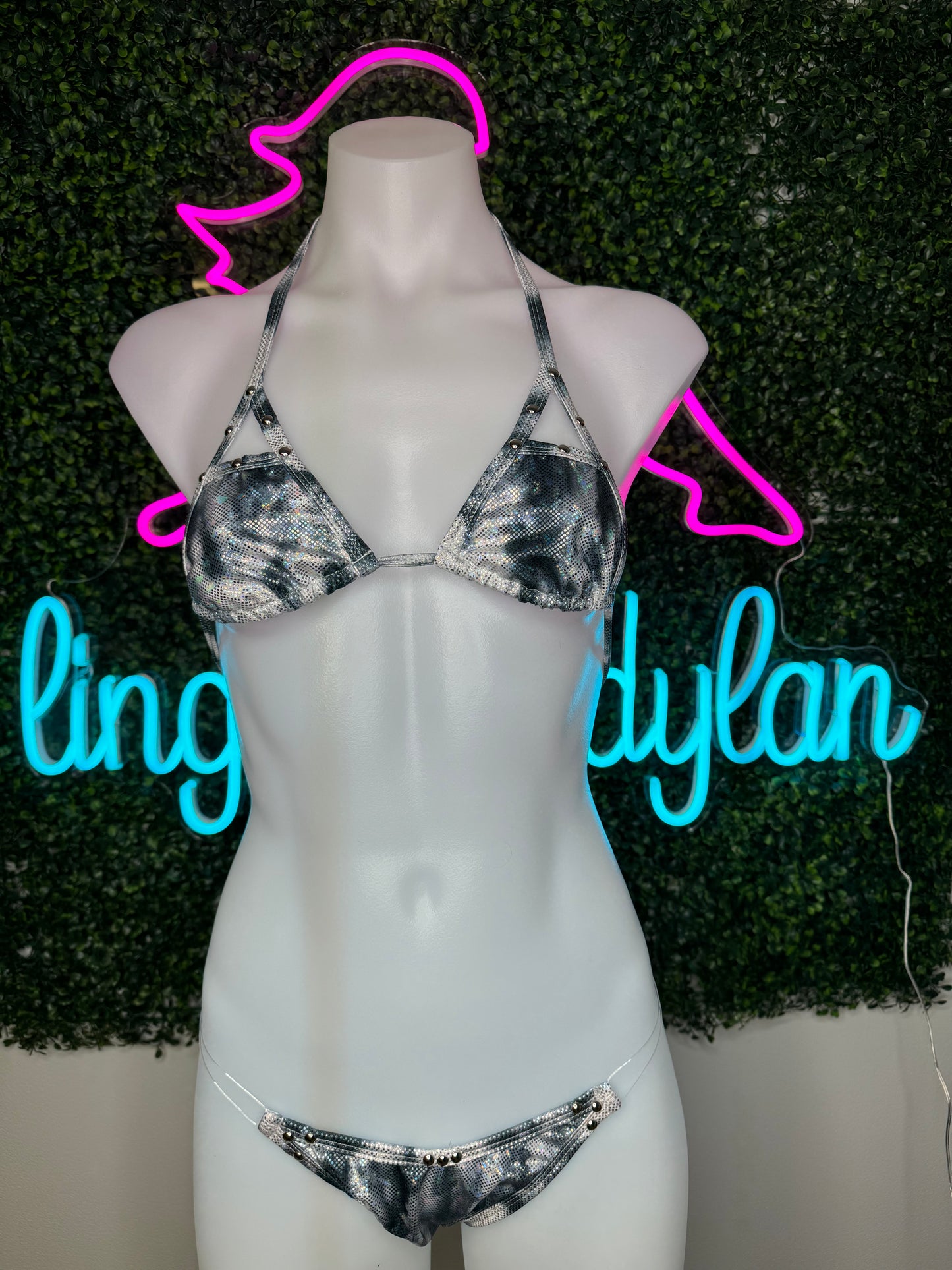 Silver/Blue Silicone String Stripper Bikini