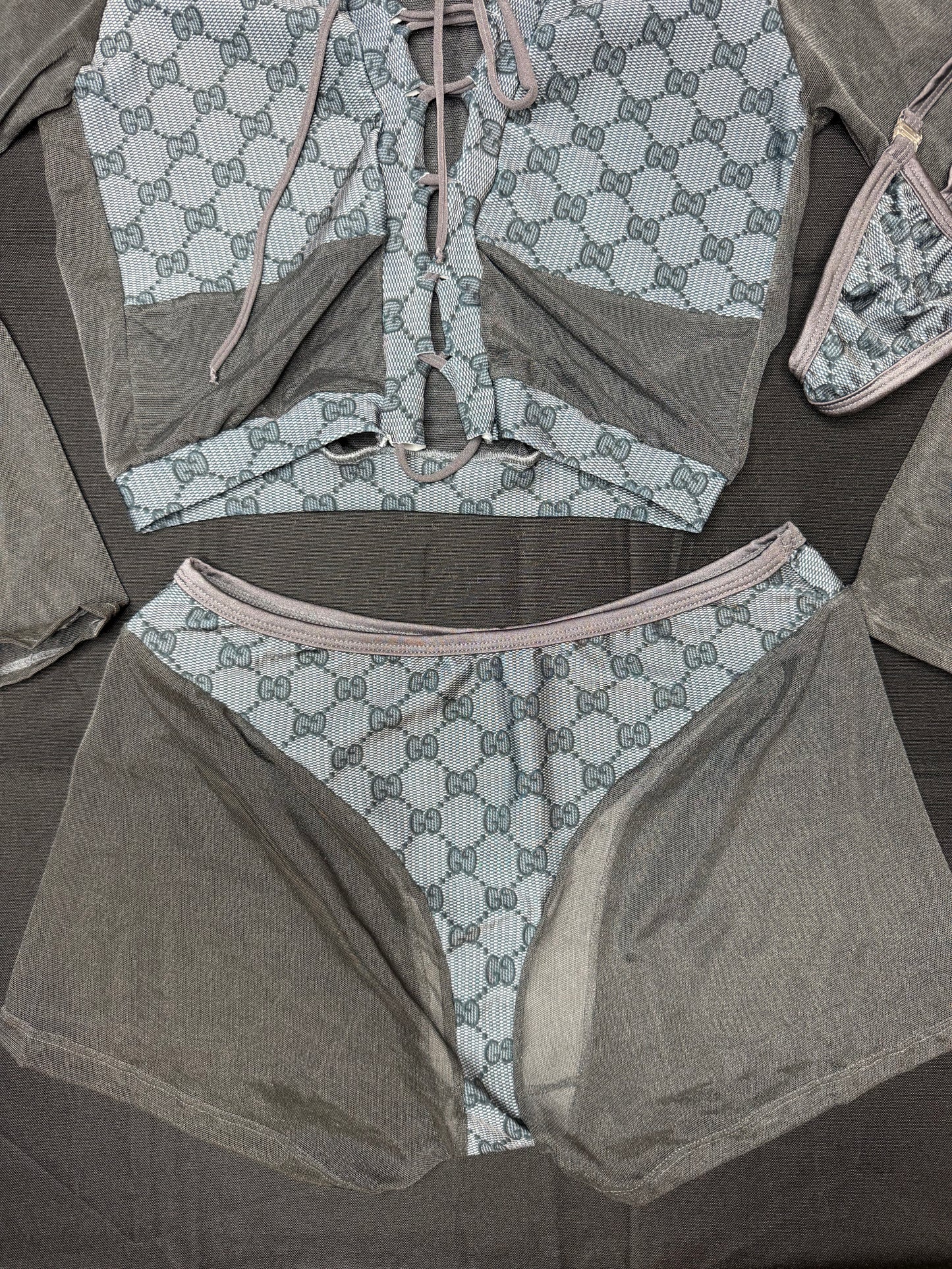 Grey Mesh/Baby Blue Designer Spandex Two-Piece Lingerie Outfit