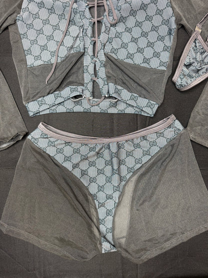 Grey Mesh/Baby Blue Designer Spandex Two-Piece Lingerie Outfit