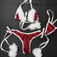 Burgundy/White Spandex/Fur Three-Piece Bikini With Hat Lingerie Outfit