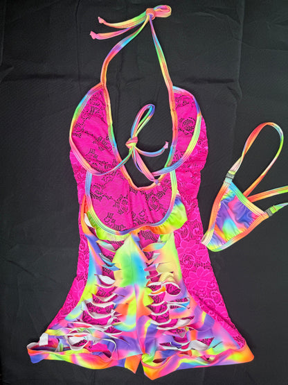 Hot Pink Lace/Rainbow Spandex Ripped Back One-Piece Lingerie Outfit